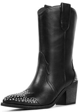 Women's Cowboy Boots, Mid Calf Studded Pointed Toe Western Cowgirl Boots for Wom